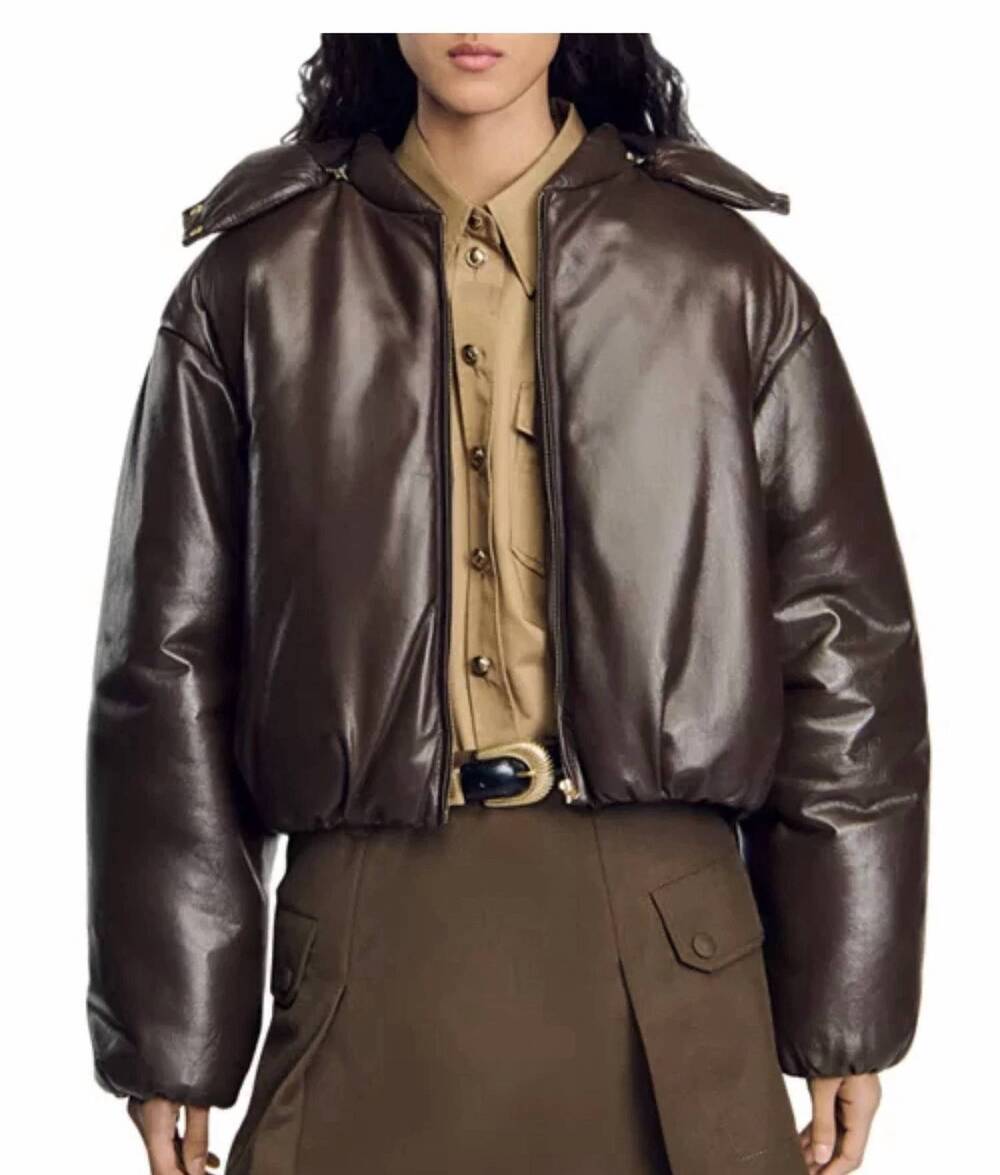 NEW SANDRO raven padded leather jacket in brown